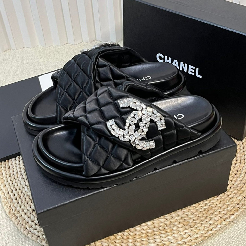 CHANEL Women's slippers with two crossed straps sheepskins black