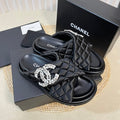 CHANEL Women's slippers with two crossed straps sheepskins black