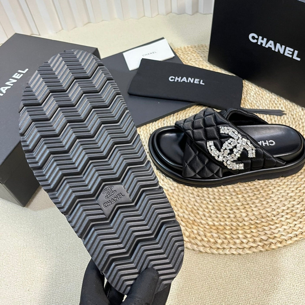 CHANEL Women's slippers with two crossed straps sheepskins black