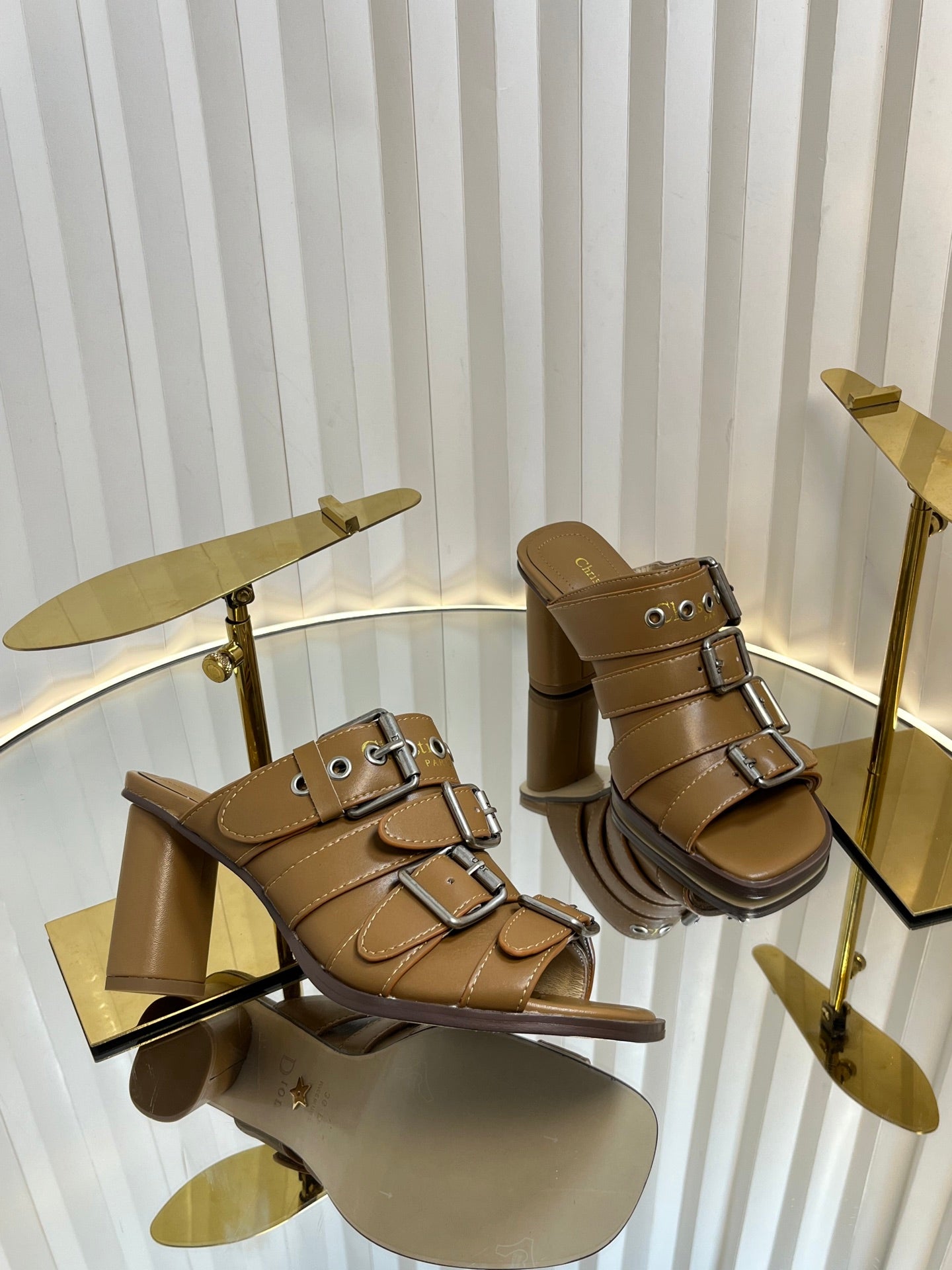DIOR PUNK HEEL SLIDES 25S 80MM IN BROWN CALFSKIN