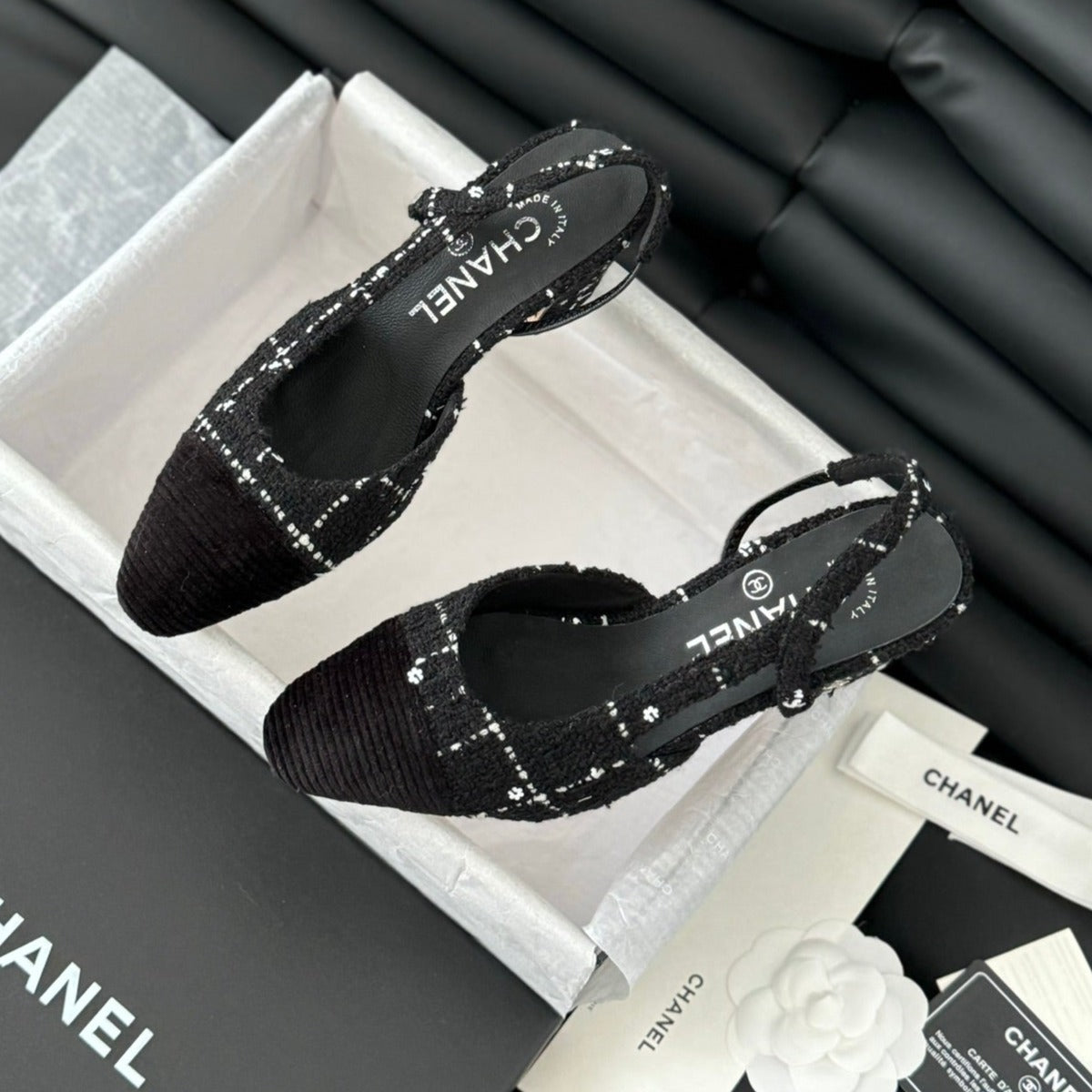 CHANEL HIGH SLINGBACK IN BLACK TWEED AND LAMBSKIN