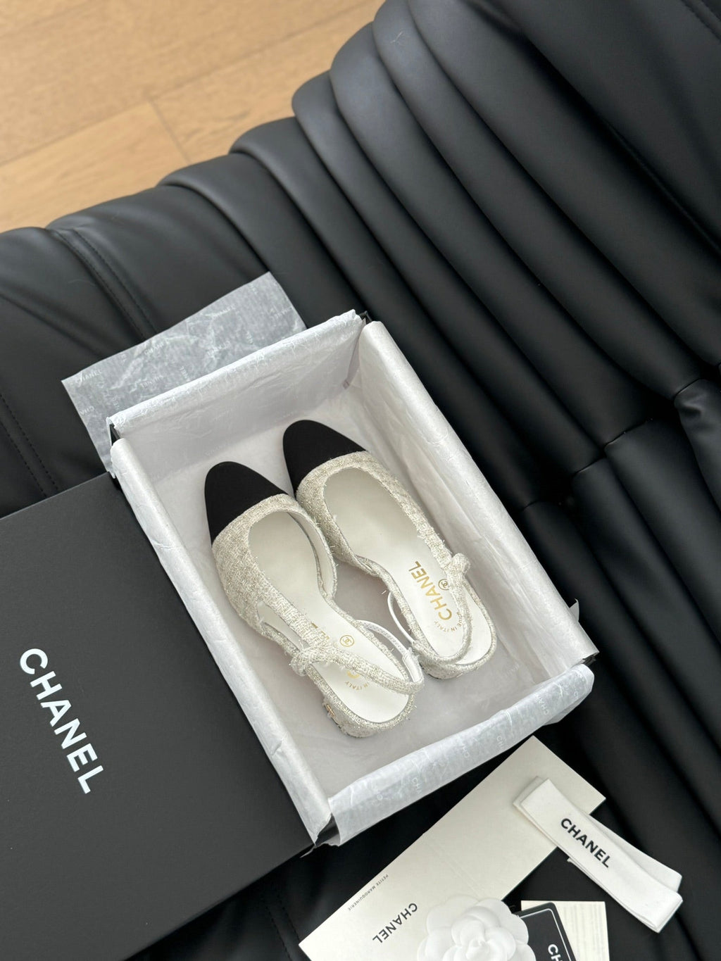 CHANEL HIGH SLINGBACK IN WHITE TWEED AND BLACK LAMBSKIN