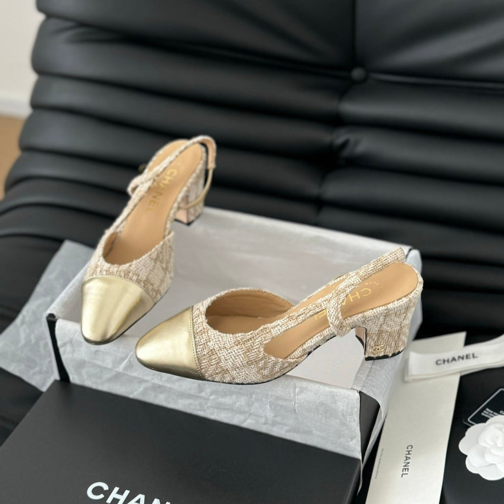 CHANEL HIGH SLINGBACK IN BEIGE CREAM TWEED AND GOLDEN LAMBSKIN