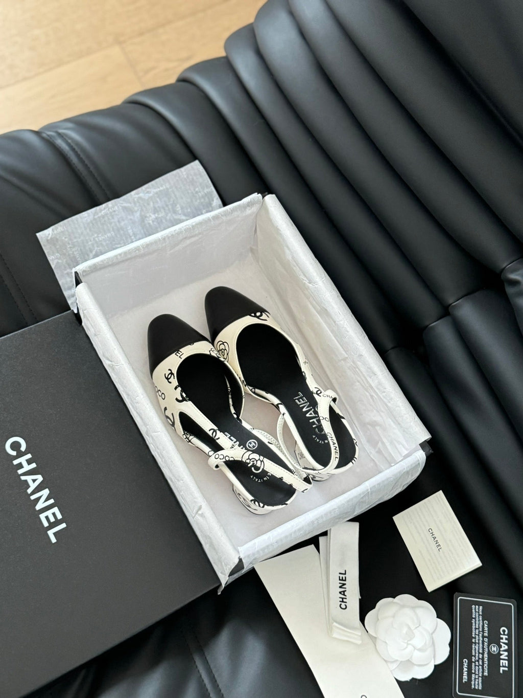 CHANEL HIGH SLINGBACK IN WHITE MIX BLACK LAMBSKIN