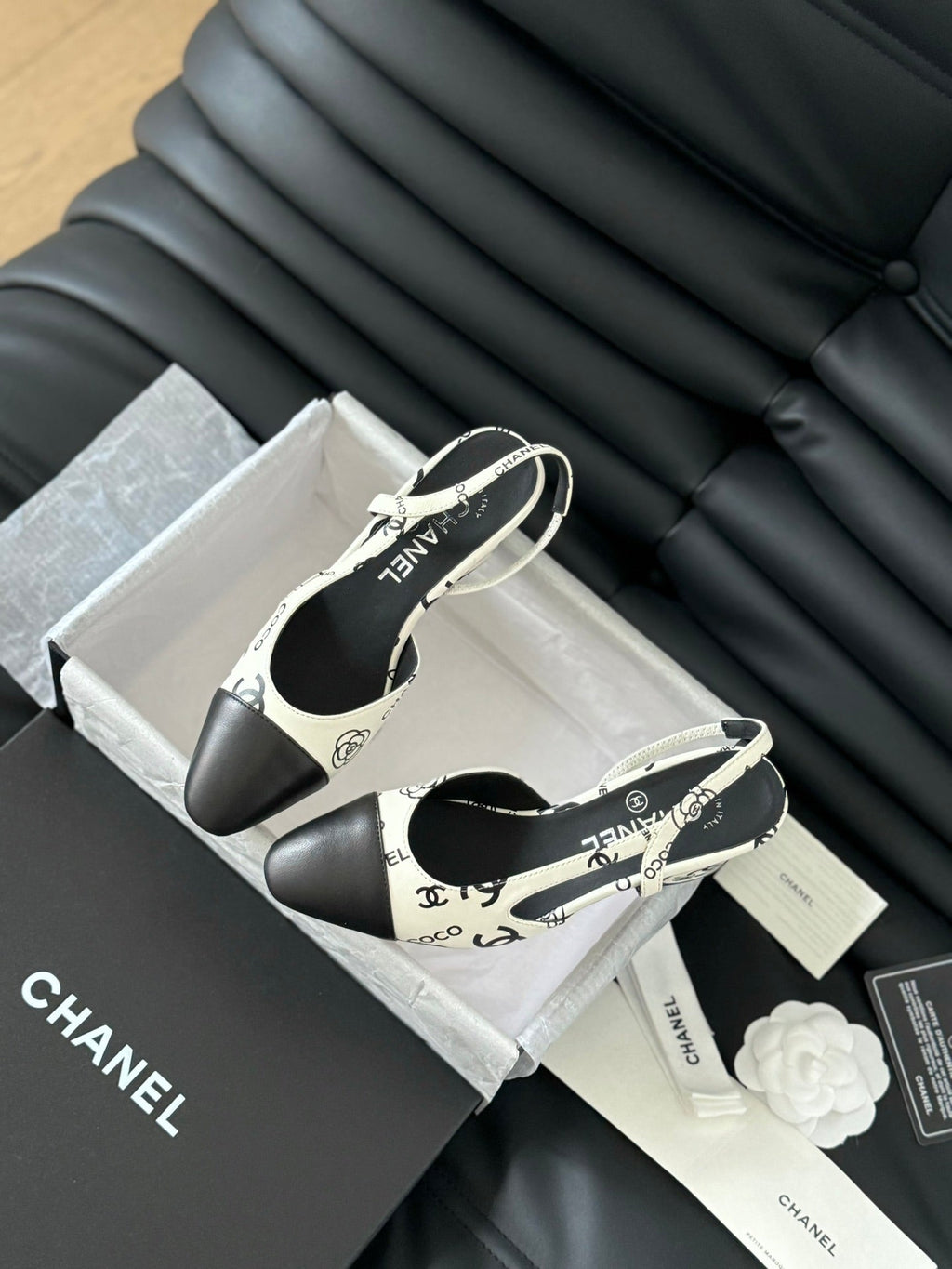 CHANEL HIGH SLINGBACK IN WHITE MIX BLACK LAMBSKIN