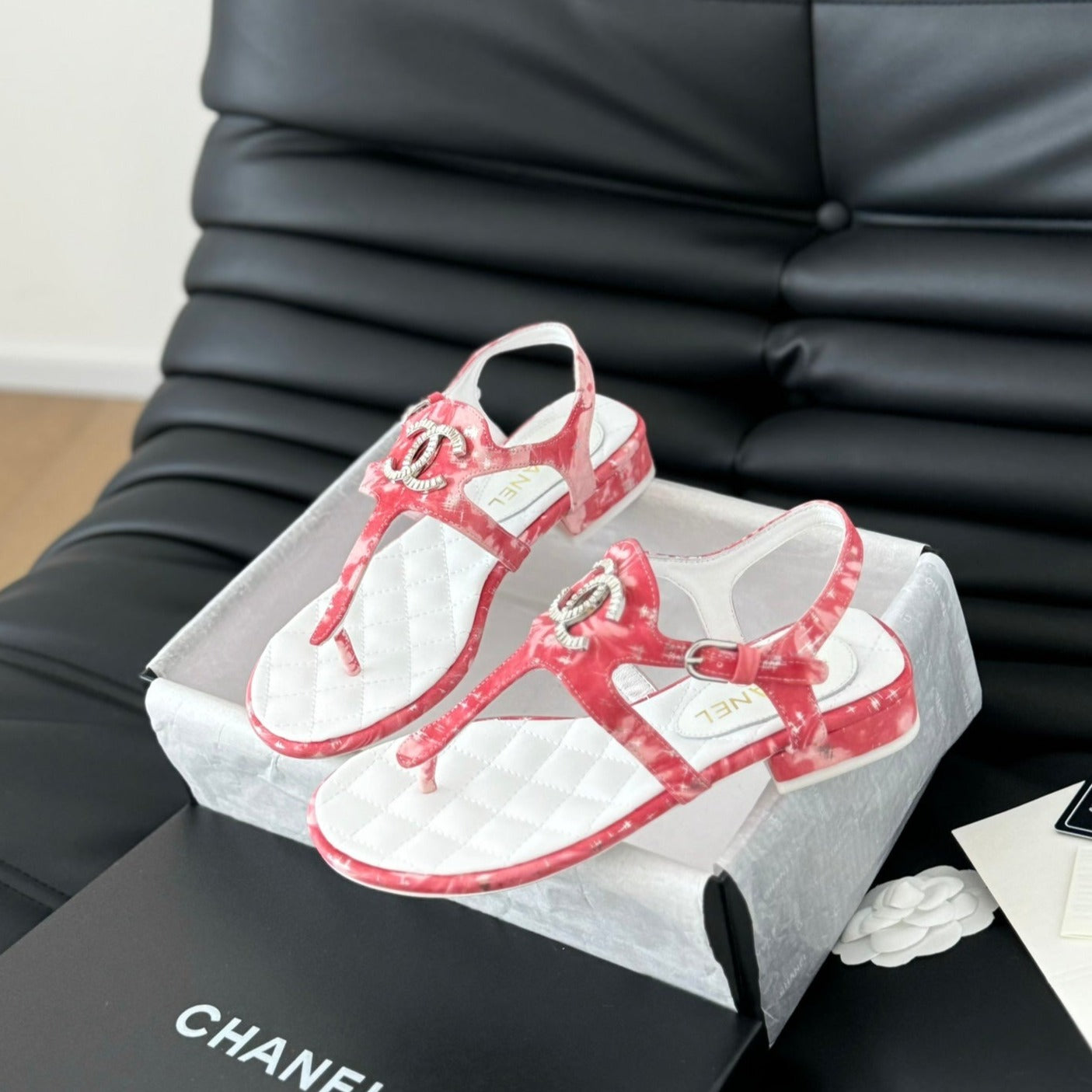 CHANEL Double C Classic One-Strap Sandals White Pink Lambskin