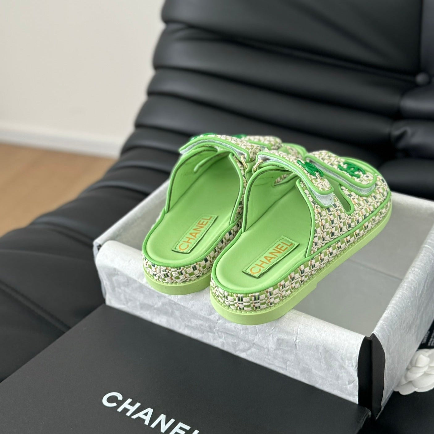 CHANEL Mule Sandals Sheepskin  Light Green