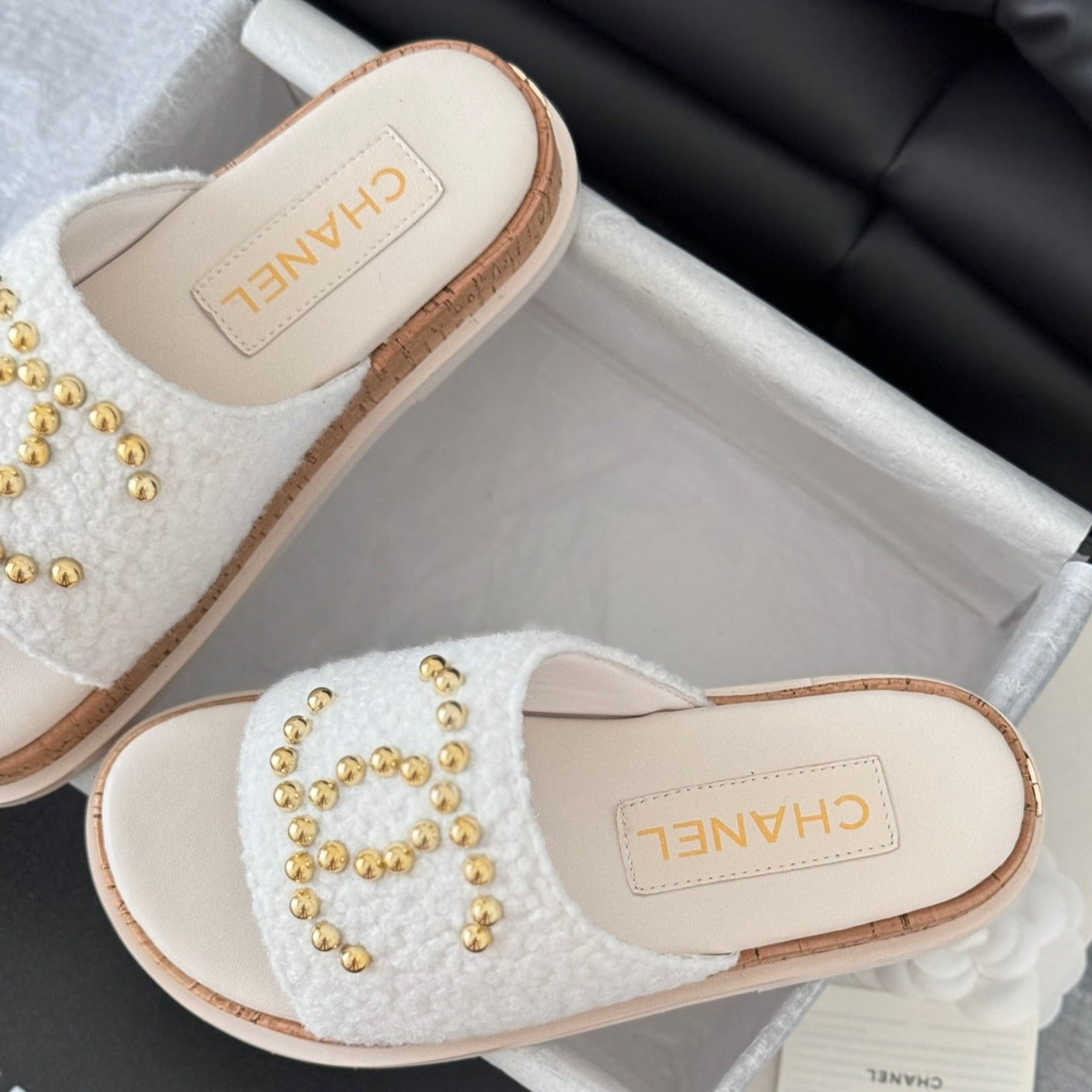 CHANEL Slippers Platform Lambskin White Cream