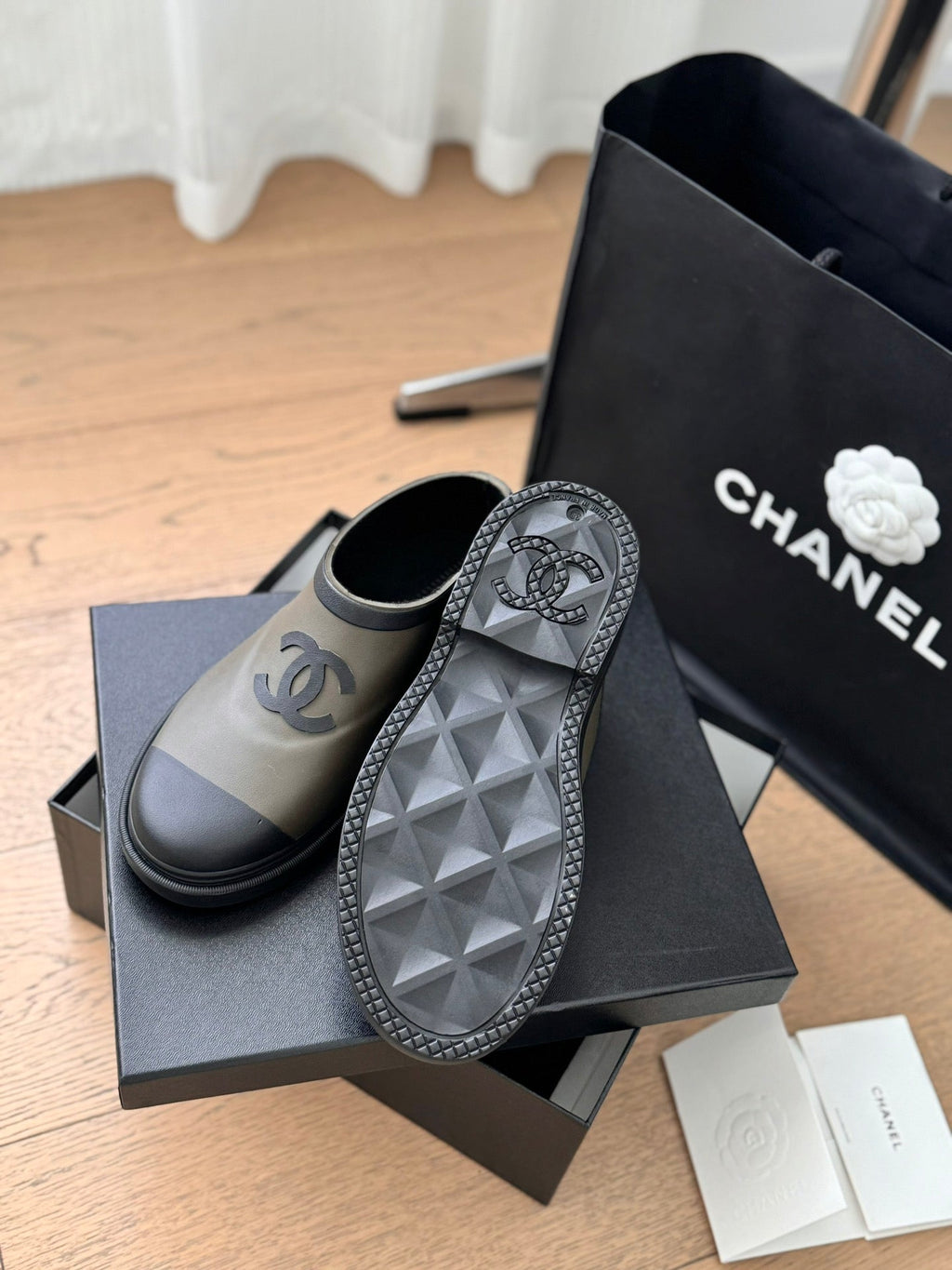 CHANEL SHORT BOOTS IN MOCHA BROWN MIX BLACK RUBBER