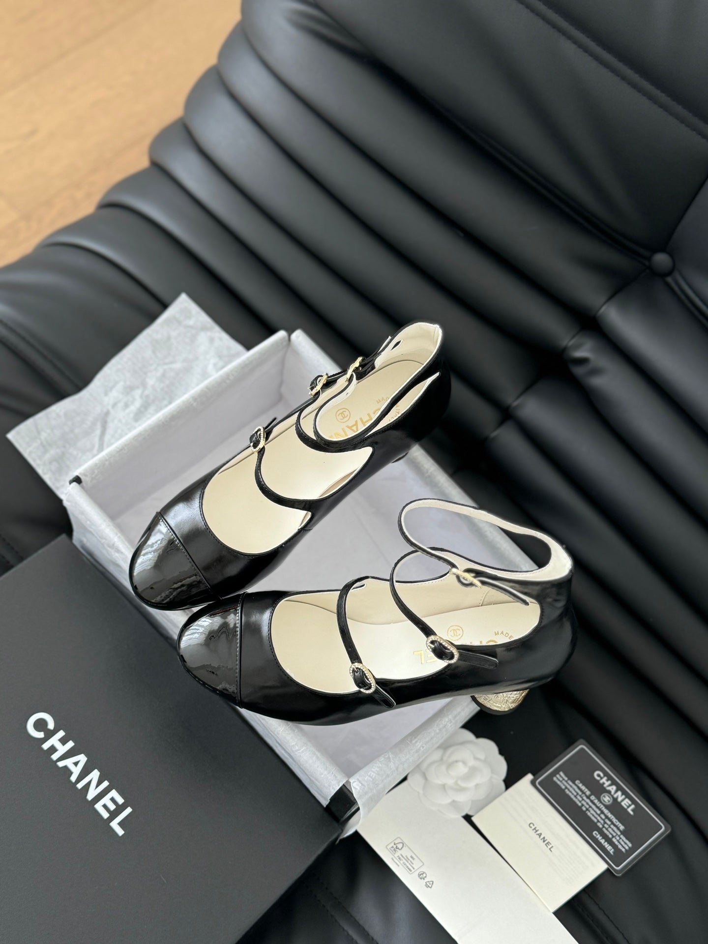 CHANEL MARY JANE SHOES THREE STRAPS BLACK LAMBSKIN WITH GOLD HARDWARE