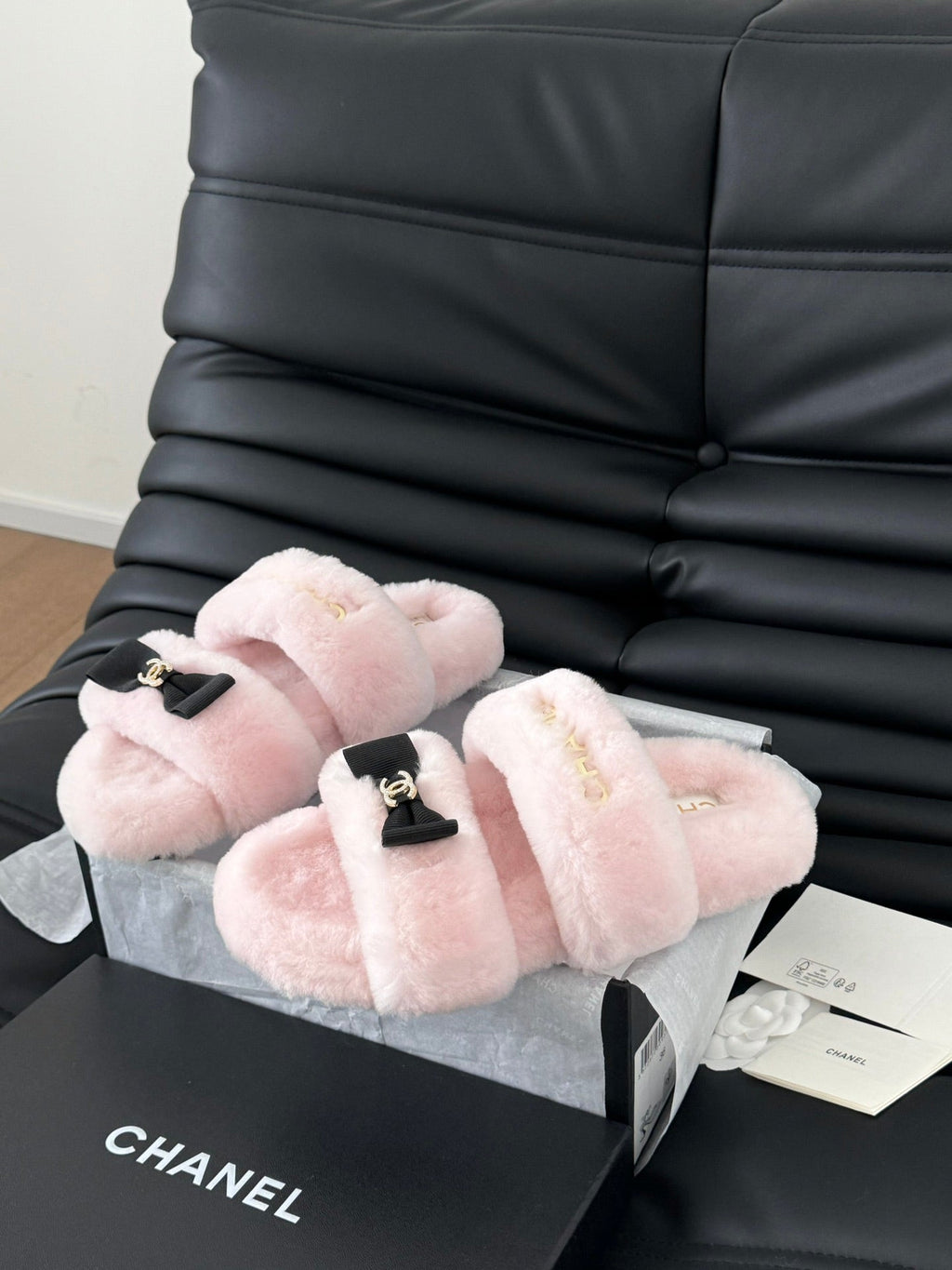 CHANEL DAD SANDAL MULE IN PASTEL PINK FLEECE WITH GOLD HARDWARE