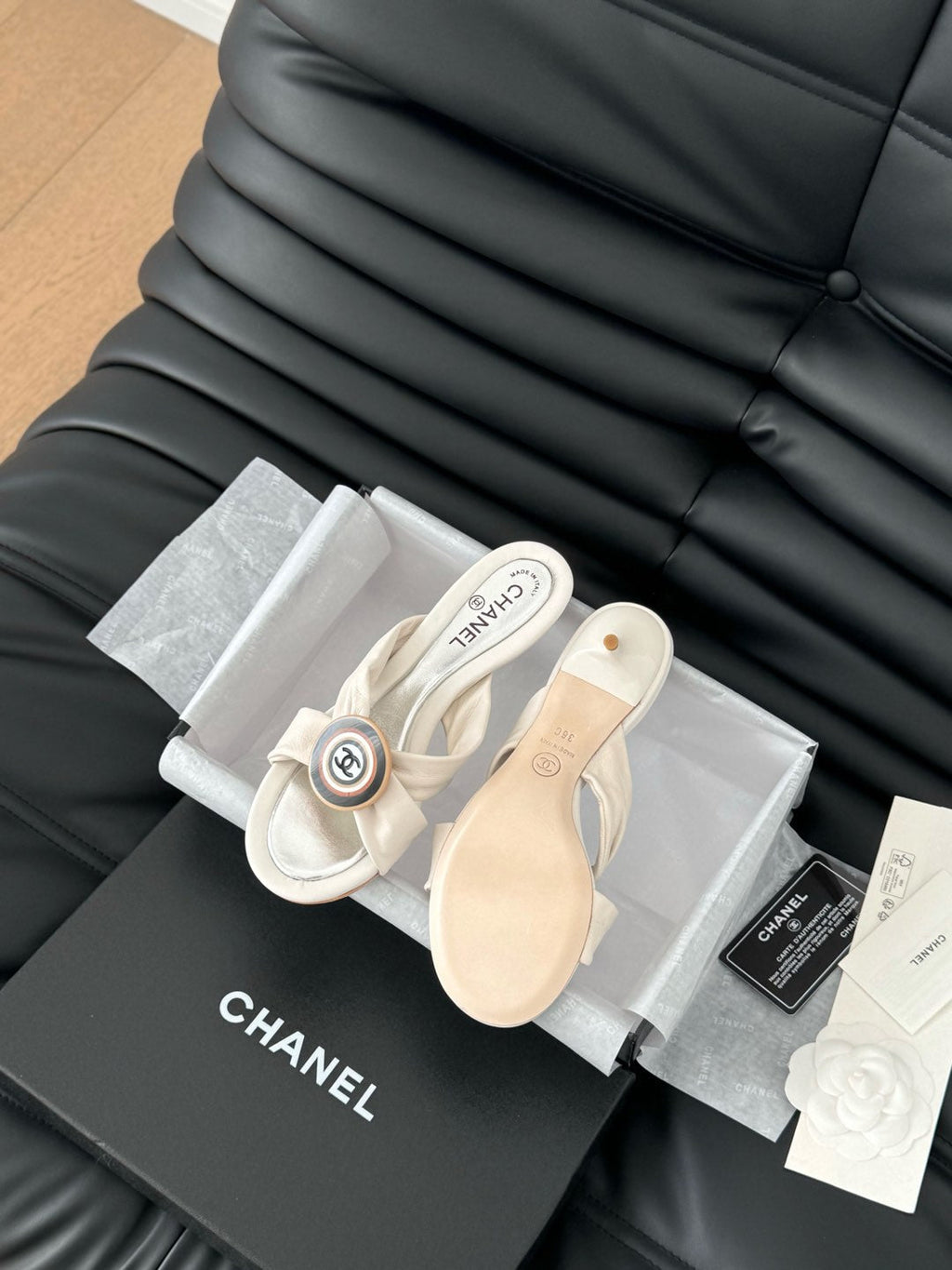 CHANEL WHITE FABRIC  SLIDE SANDALS