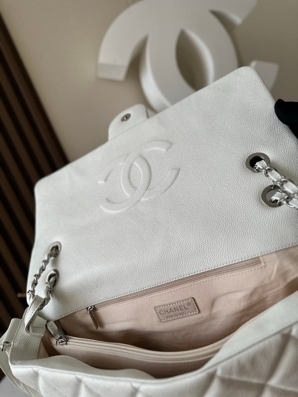 CHANEL 25S SHOULDER BAG 34 IN WHITE CAVIAR WITH SILVER HARDWARE