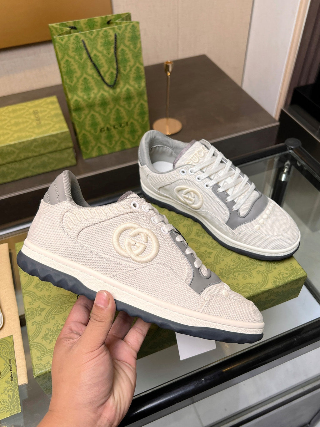 GUCCI MAC80 TRAINER CREAMY WHITE AND GRAY CALFSKIN