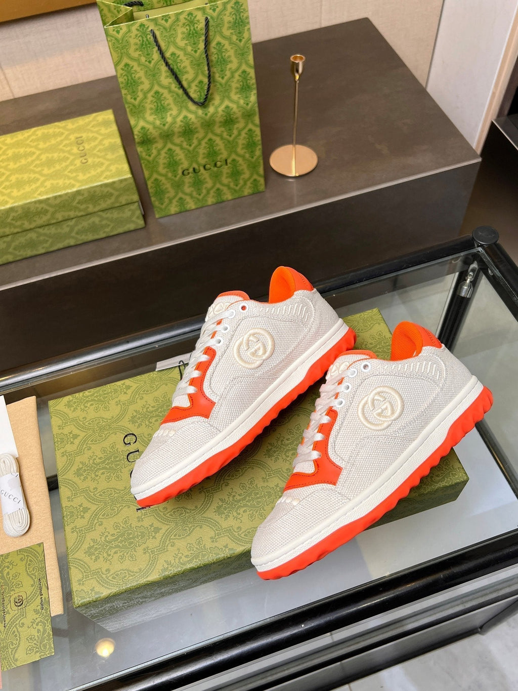GUCCI MAC80 TRAINER CREAMY WHITE AND ORANGE CALFSKIN