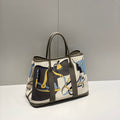 HERMES GARDEN PARTY 36 IN IVORY YELLOW BLUE TOILE H CANVAS ETOUPE CALFSKIN EQUESTRIAN HARNESS PRINT