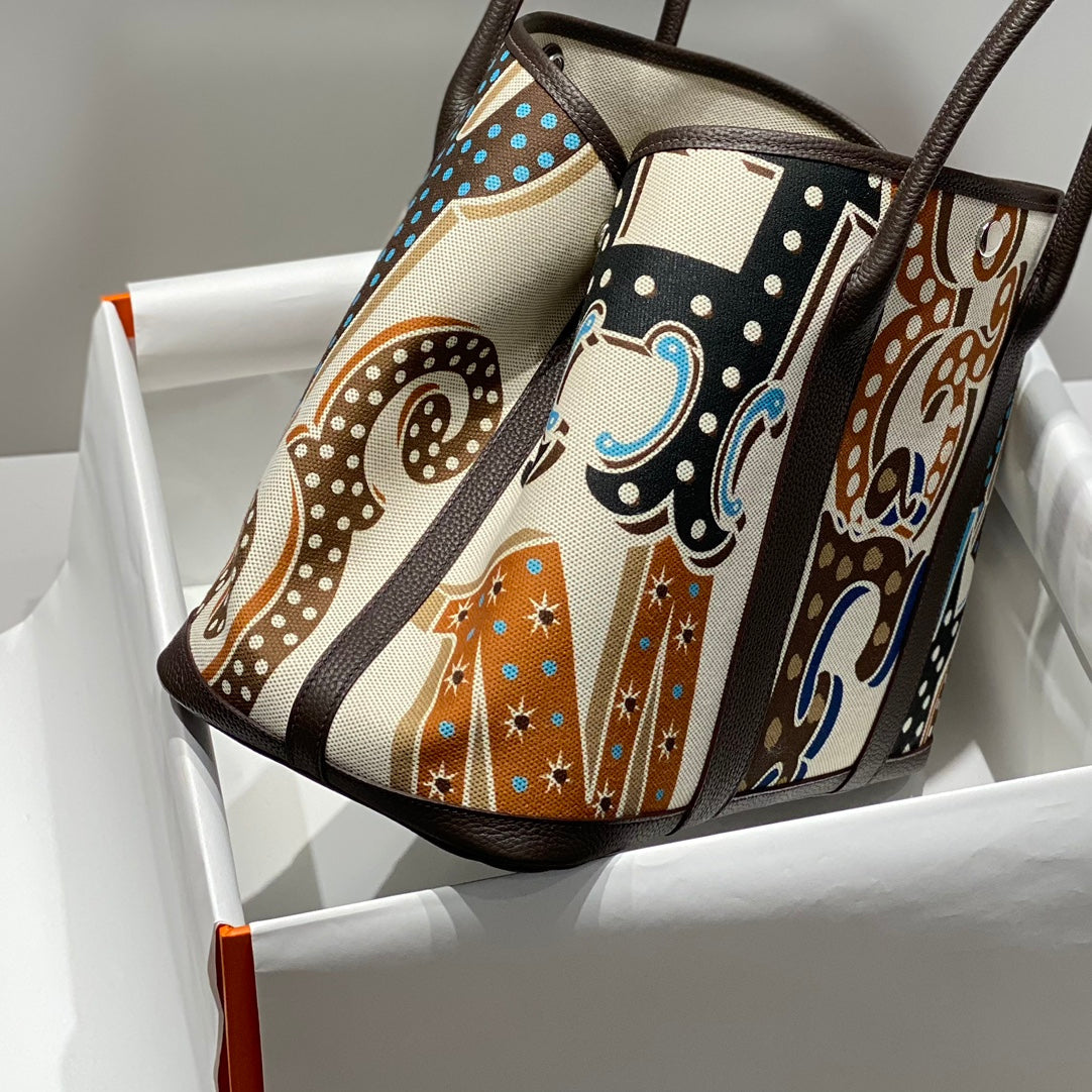 HERMES GARDEN PARTY 36 IN MULTICOLOR TOILE H CANVAS DARK BROWN CALFSKIN ABSTRACT GRAPHIC PRINT