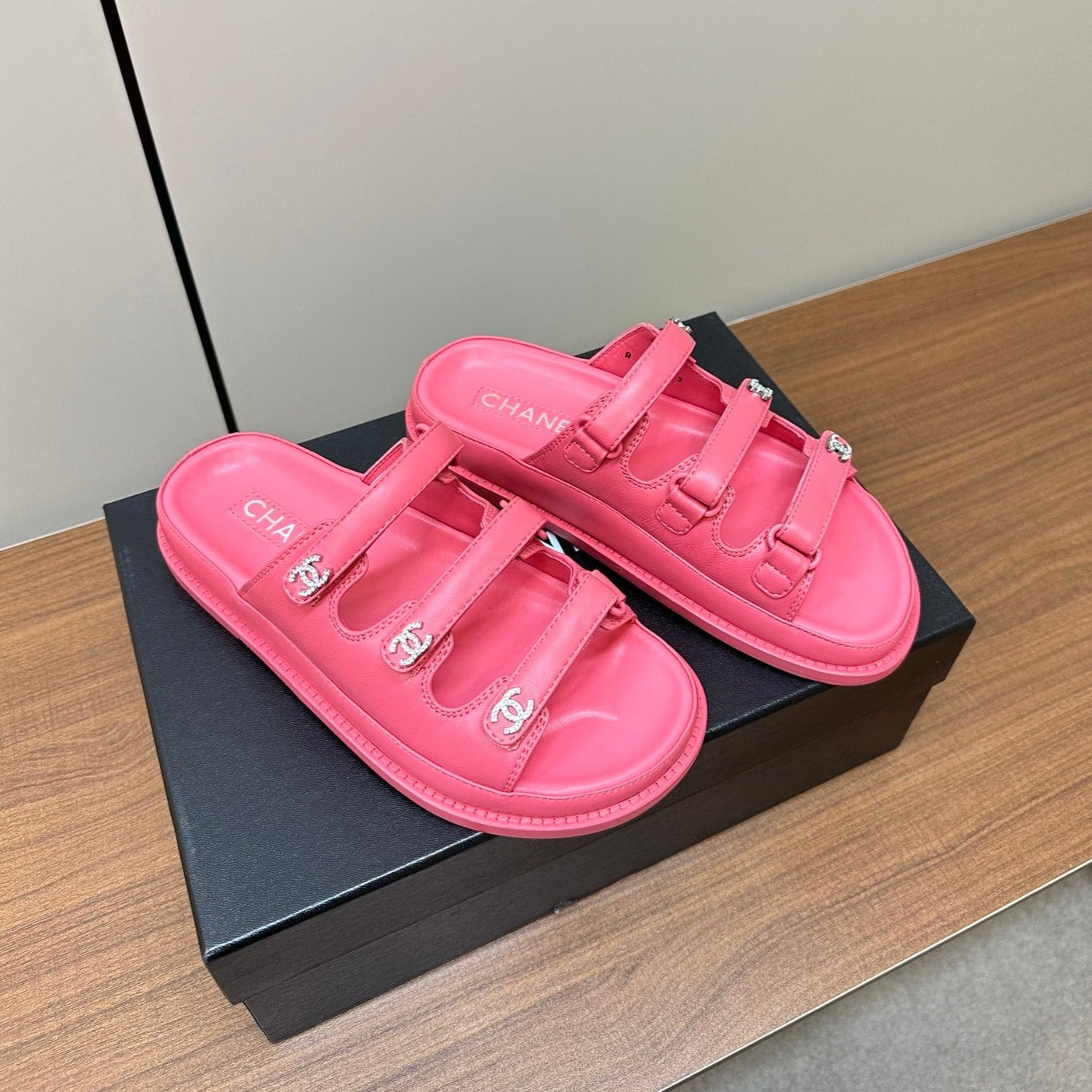 CHANEL dad sandals pink 1 3 rows lambskin mules