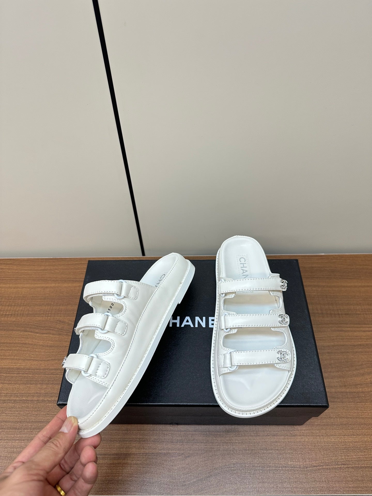 CHANEL dad sandals white 3 rows lambskin mules