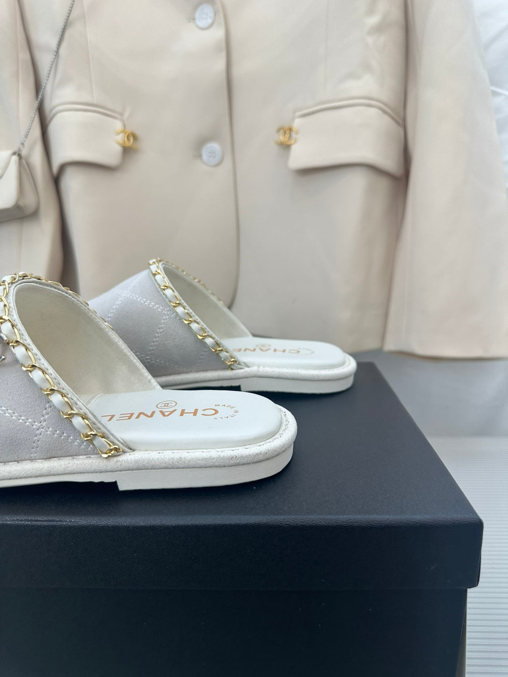 CHANEL White Suede Gold Chain Mules