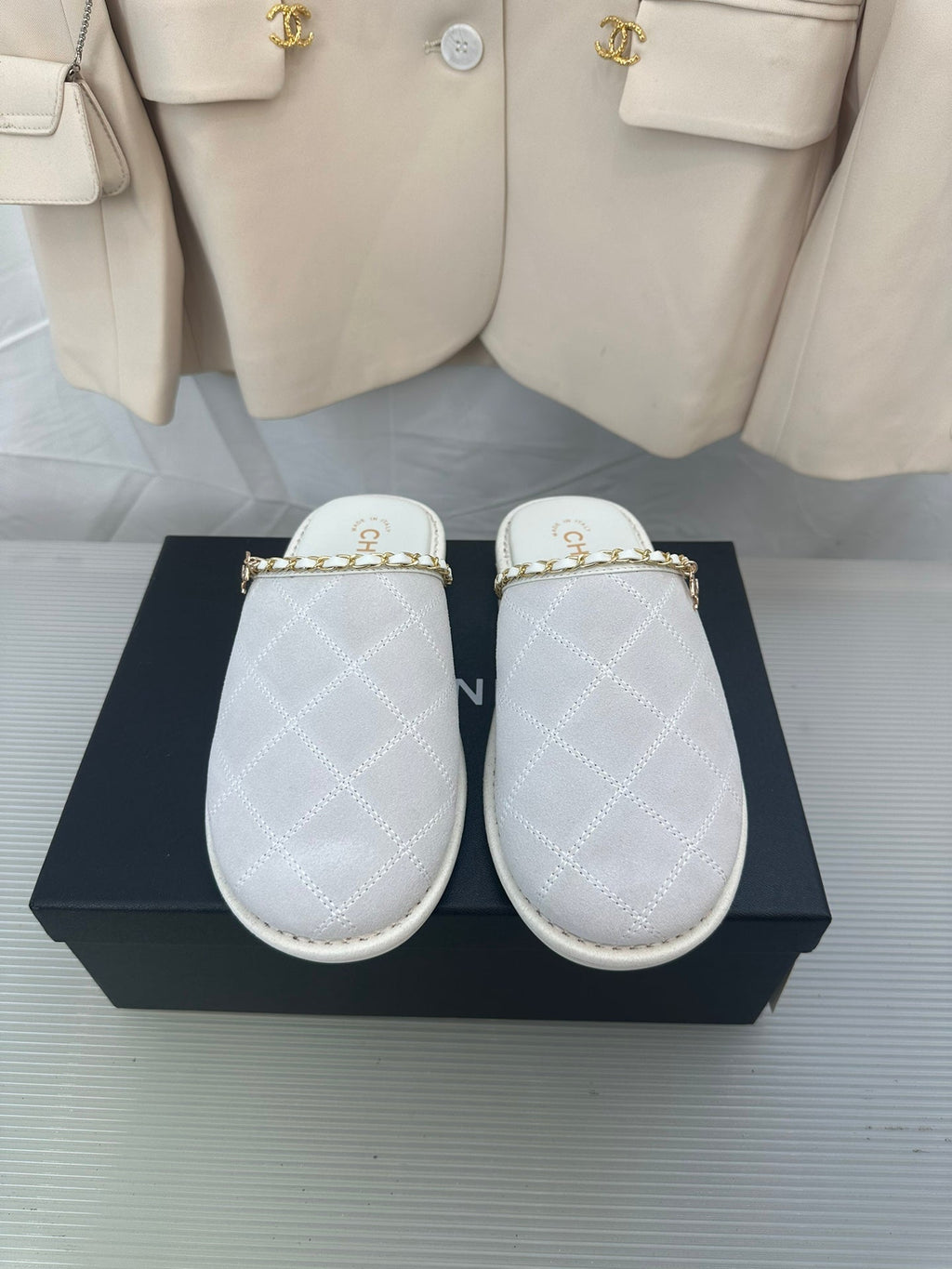 CHANEL White Suede Gold Chain Mules