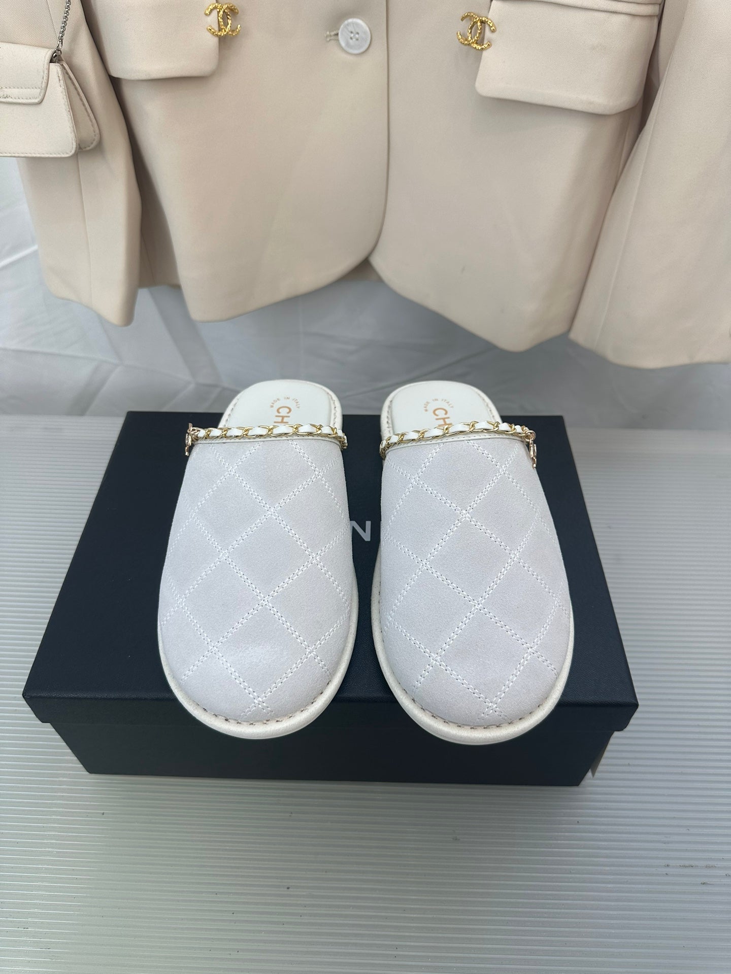 CHANEL White Suede Gold Chain Mules