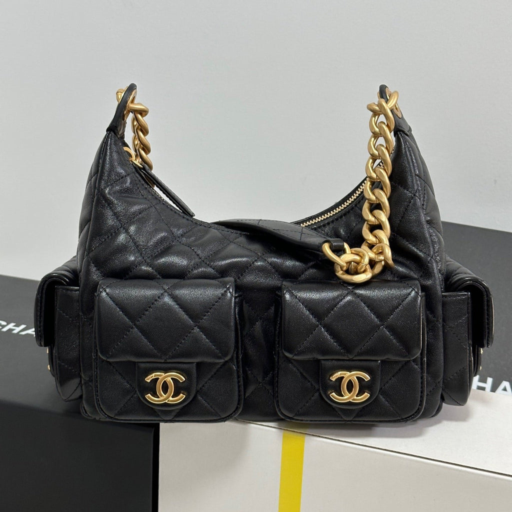 CHANEL QUILTED HOBO CARGO BAG 31 IN BLACK CALFSKIN GOLD CHAIN