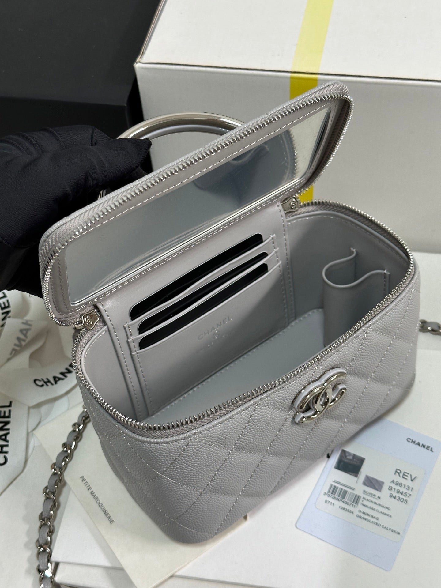 CHANEL MINI VANITY TOP HANDLE CASE 17 IN GREY CAVIAR SKIN SILVER-TONE PLATED METAL