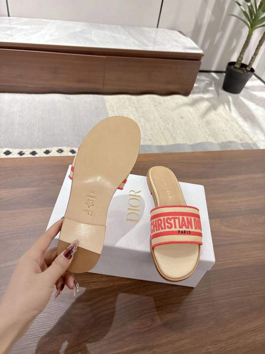 DIOR DWAY SLIDES IN BEIGE AND RED TECHNICAL FABRIC