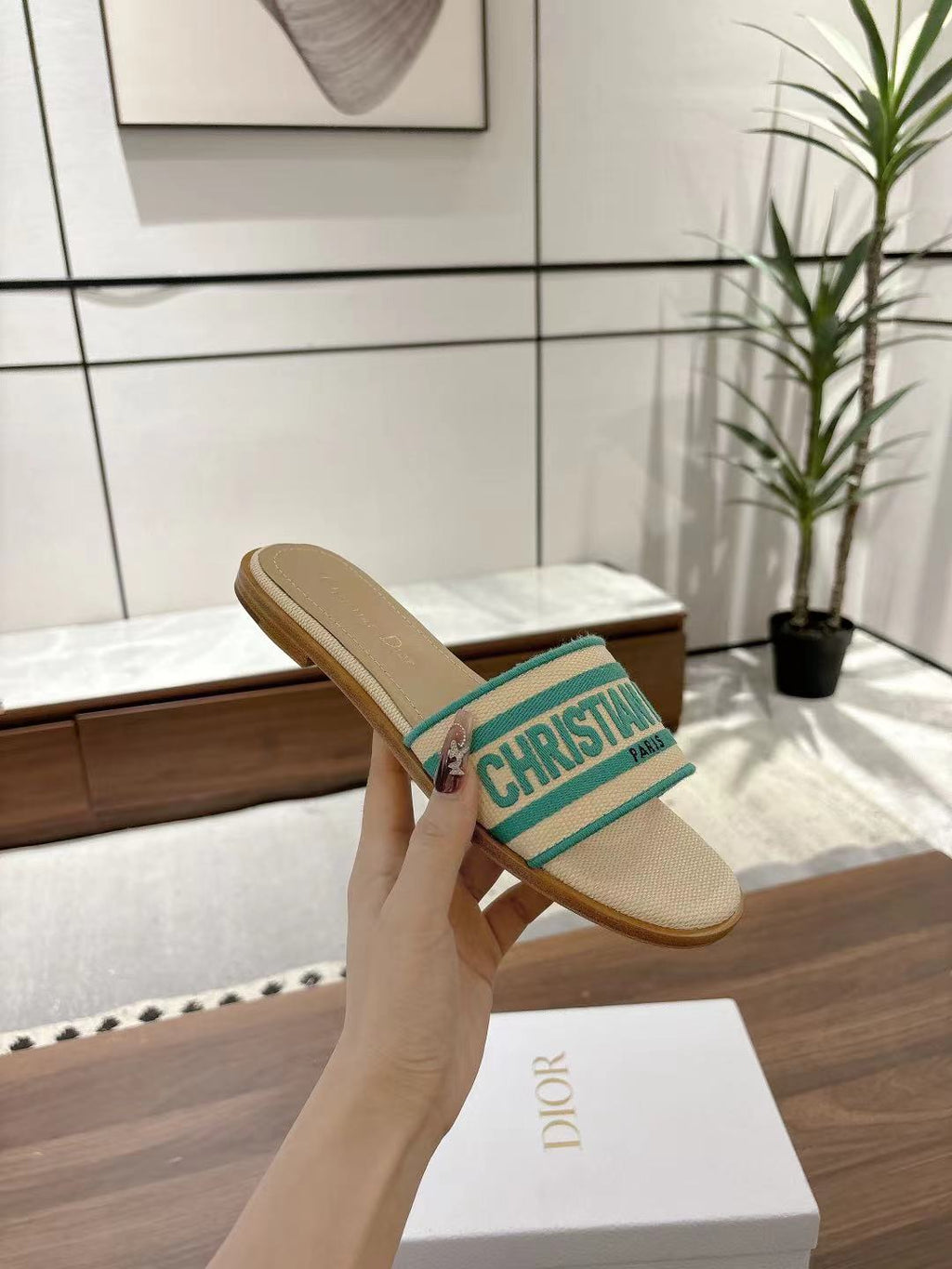 DIOR DWAY SLIDES IN BEIGE AND GREEN TECHNICAL FABRIC