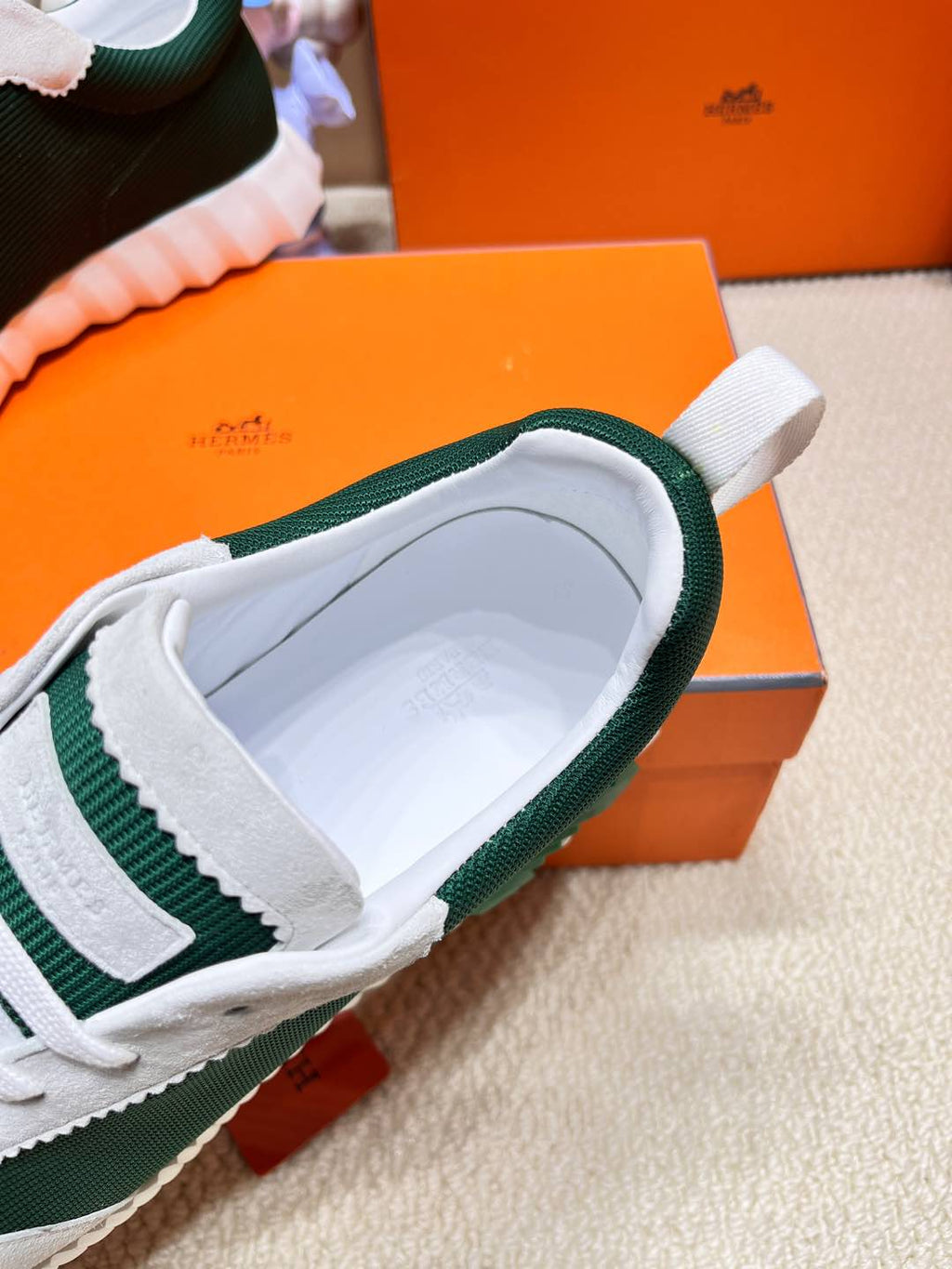 HERMES BOUNCING SNEAKER IN PALE GRAY SUEDE AND GREEN FOREST KNIT
