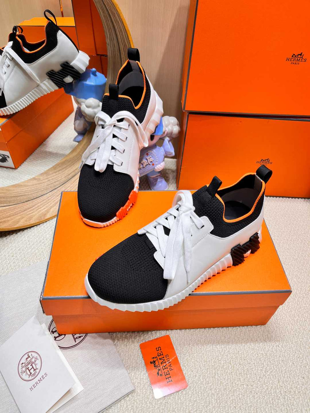 HERMES DEPART SLIP-ON SNEAKER IN WHITE MIX BLACK KNIT AND CALFSKIN