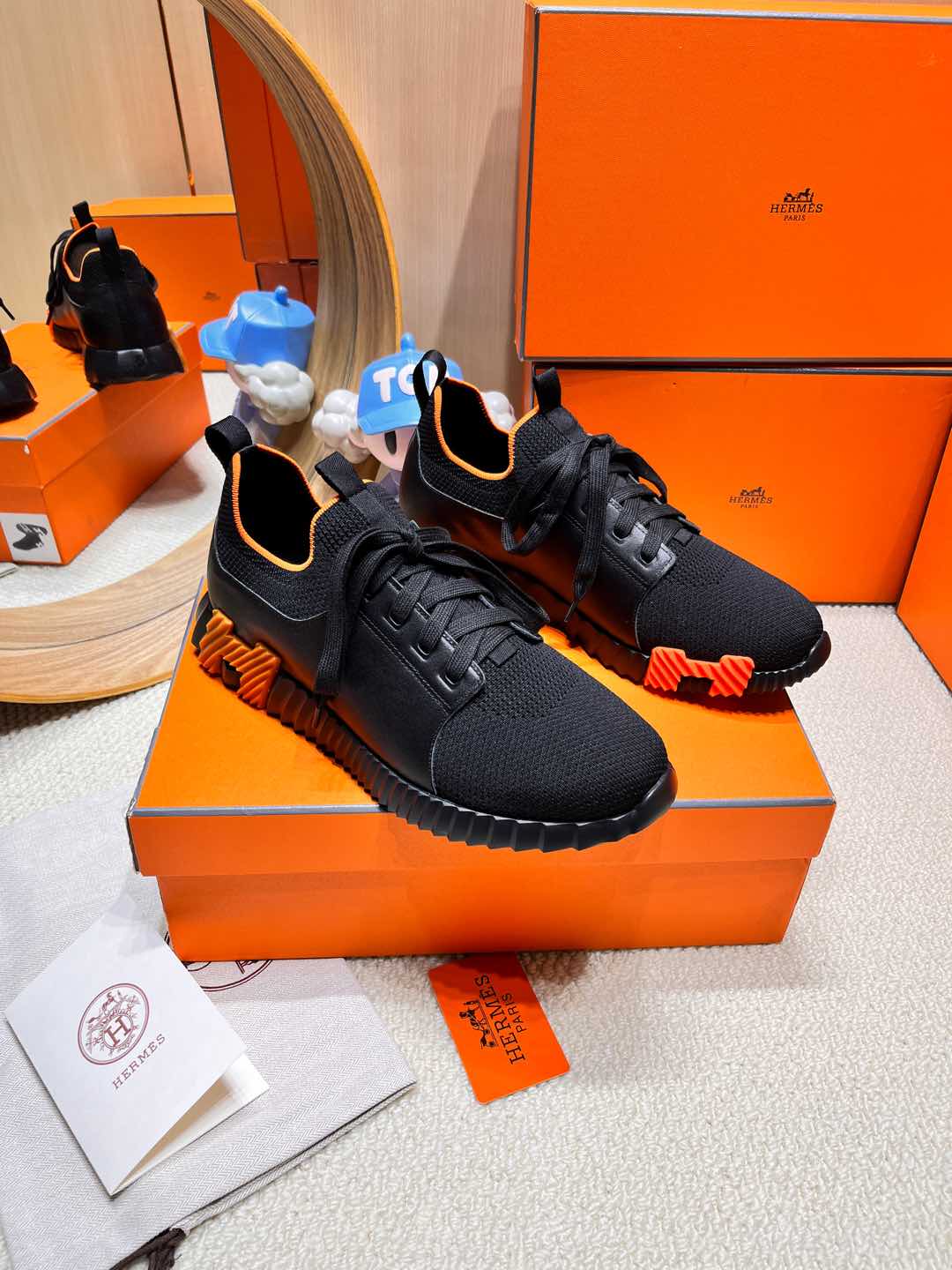 HERMES DEPART SLIP-ON SNEAKER IN BLACK KNIT AND CALFSKIN