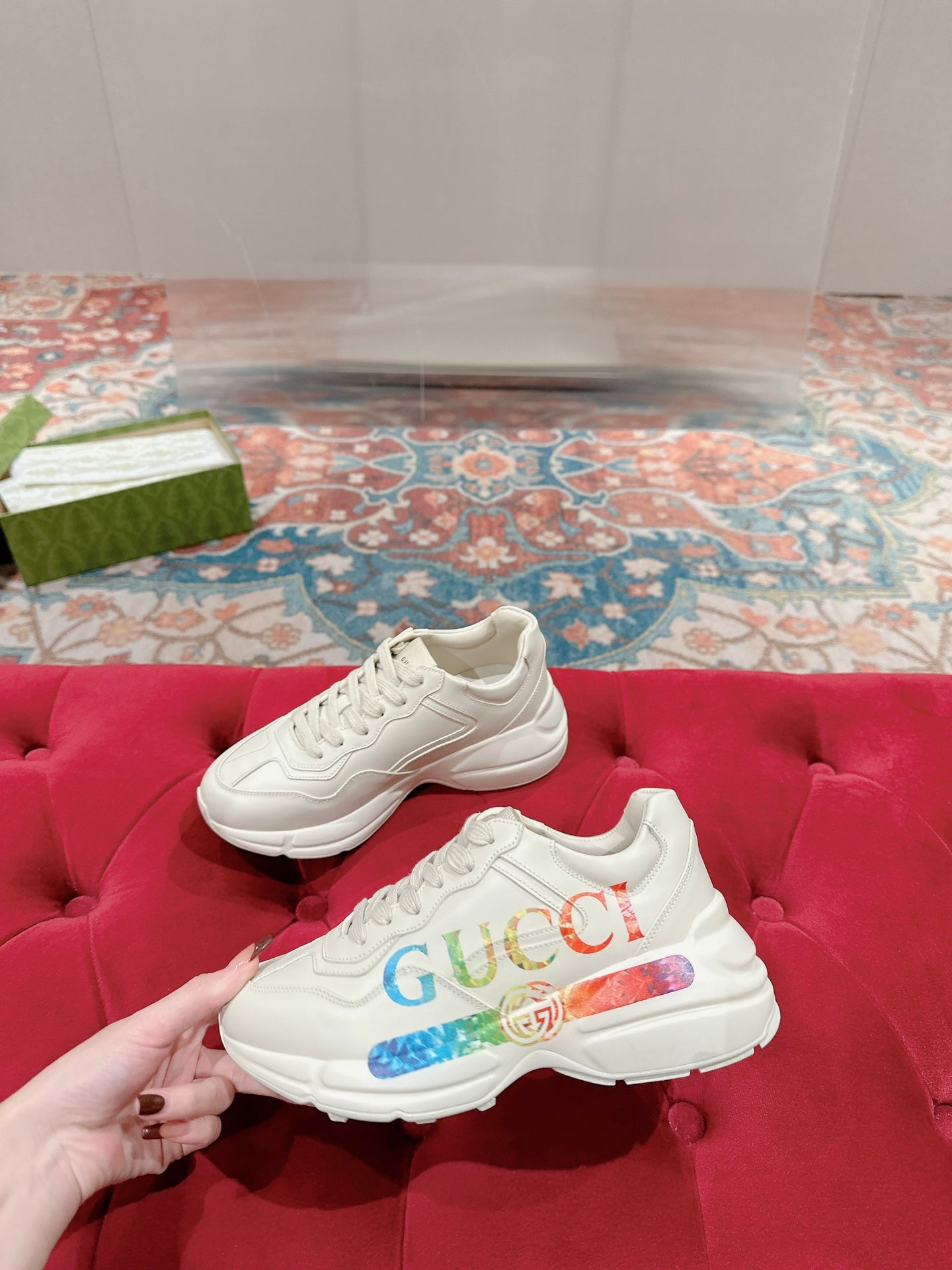 GUCCI RHYTON TRAINER WHITE CALFSKIN WITH MULTI PATTERNS