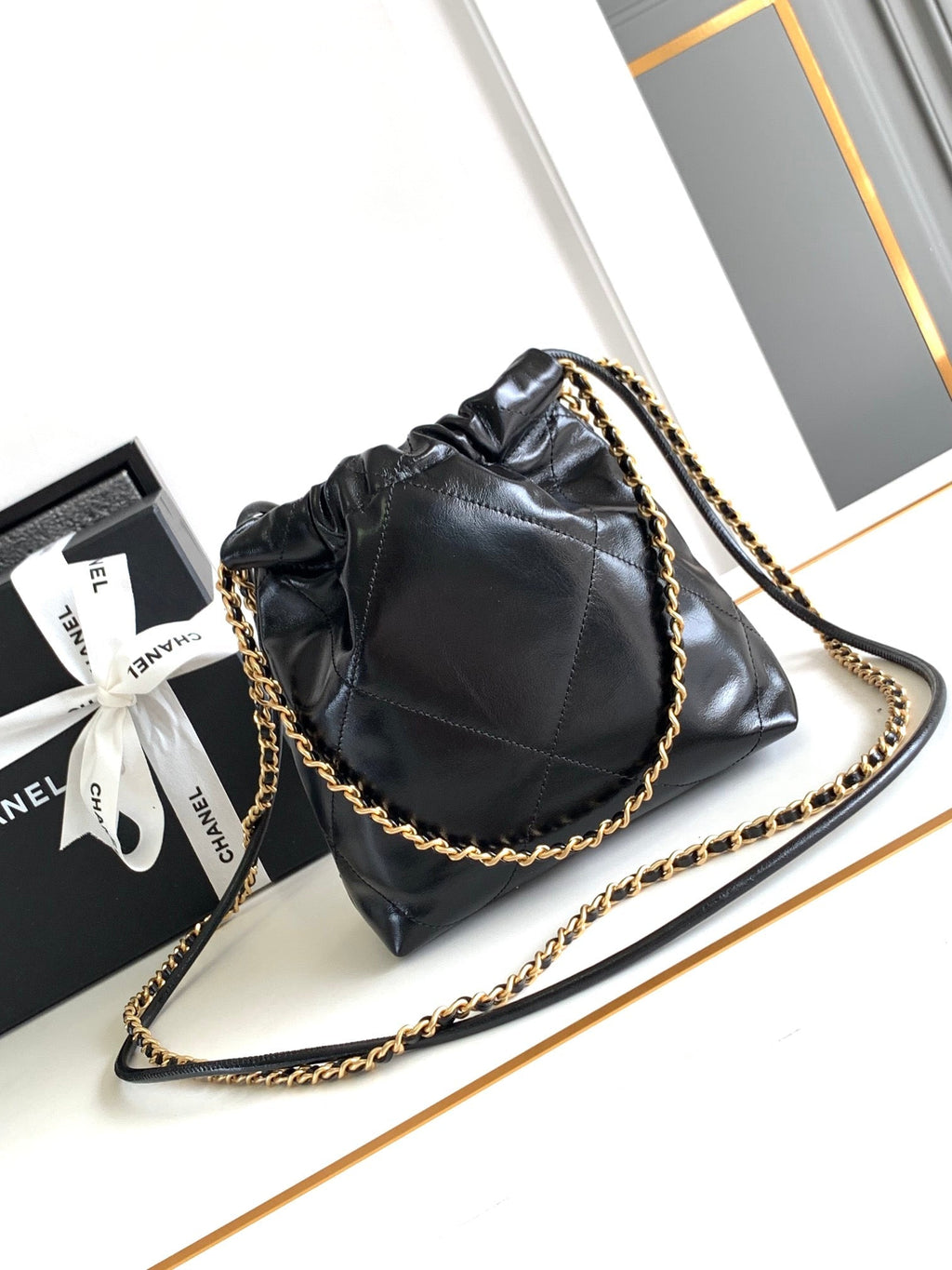 CHANEL MINI 20 BAG IN BLACK SHINNY CALFSKIN WITH GOLD METAL