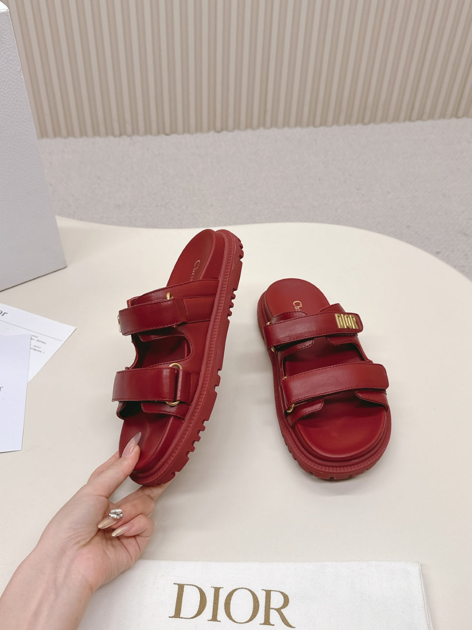 DIOR CLASSIC DOUBLE-STRAP SLIDES 25S IN DARK RED CALFSKIN