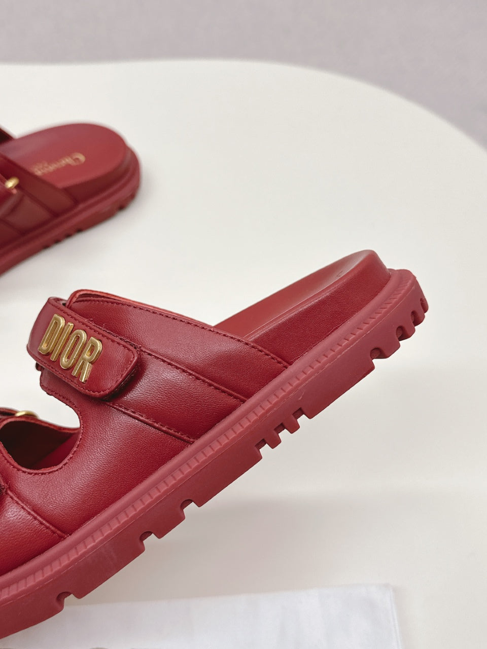 DIOR CLASSIC DOUBLE-STRAP SLIDES 25S IN DARK RED CALFSKIN