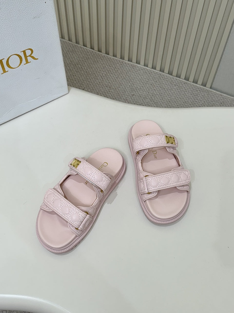 DIOR CLASSIC DOUBLE-STRAP SLIDES 25S IN PASTEL PINK CALFSKIN