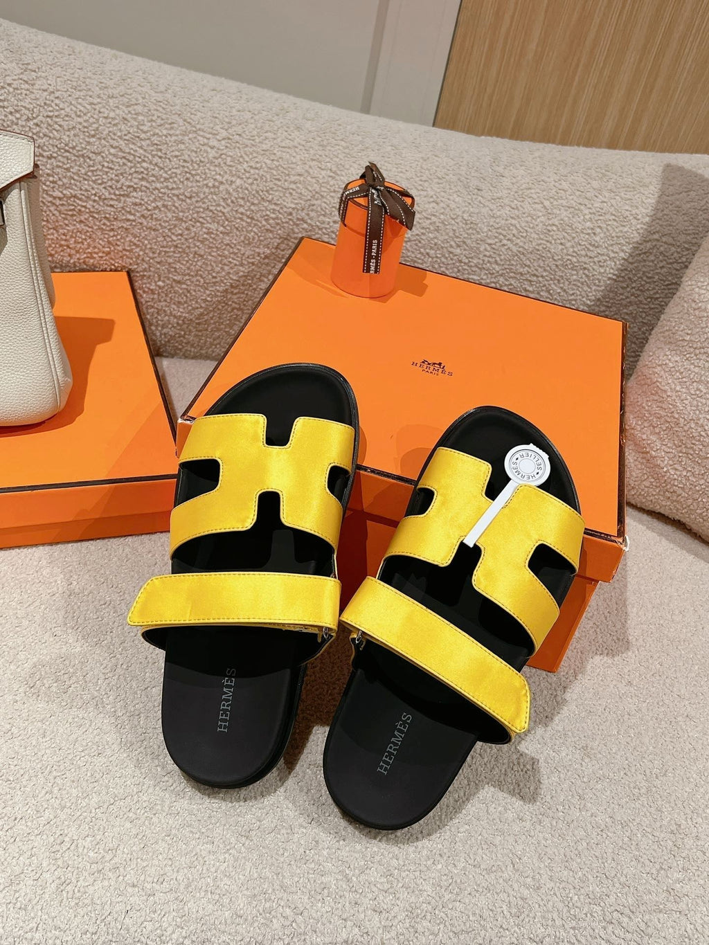 HERMES CHYPRE SANDAL BLACK MIX BRIGHT YELLOW CALFSKIN
