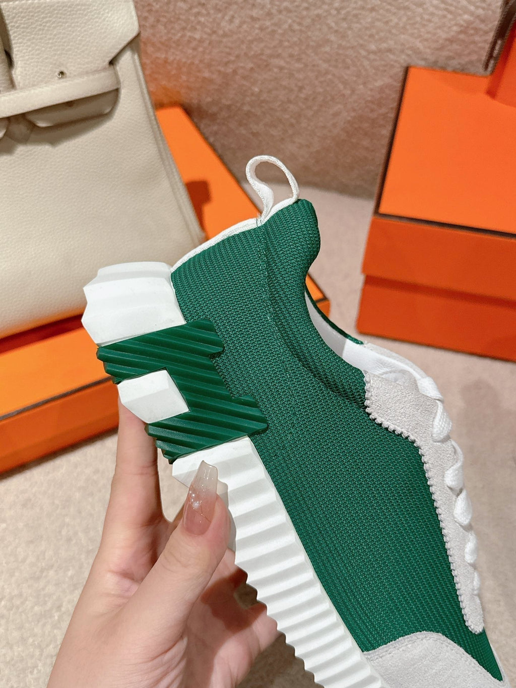 HERMES MAINLAND SNEAKER IN PALE GRAY SUEDE AND FOREST GREEN BREATHABLE MESH FABRIC