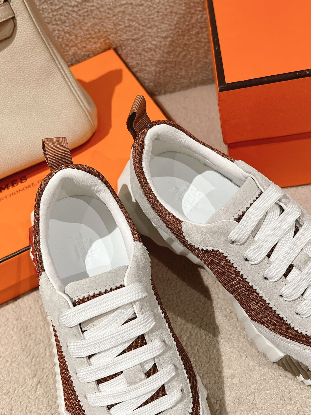 HERMES MAINLAND SNEAKER IN PALE GRAY SUEDE AND CARAMEL BROWN BREATHABLE MESH FABRIC