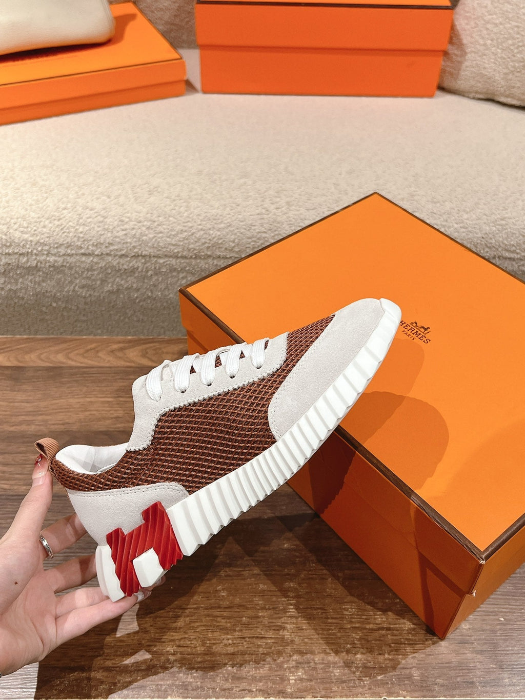 HERMES MAINLAND SNEAKER IN PALE GRAY SUEDE AND CARAMEL BROWN BREATHABLE MESH FABRIC