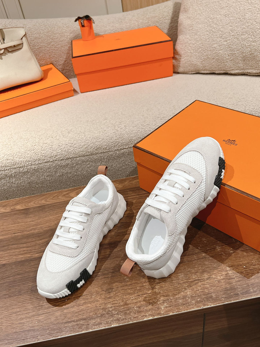 HERMES MAINLAND SNEAKER IN PALE GRAY SUEDE AND WHITE BREATHABLE MESH FABRIC
