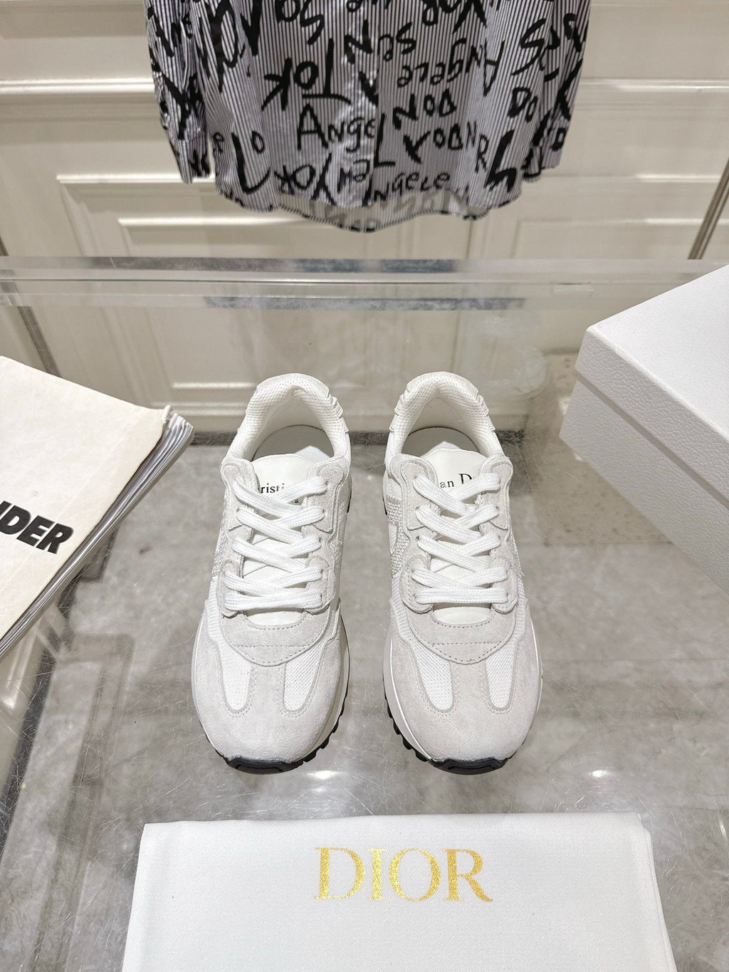 DIOR 25S C'EST  SNEAKER IN WHITE LIGHT GRAY CALFSKIN AND SUEDE