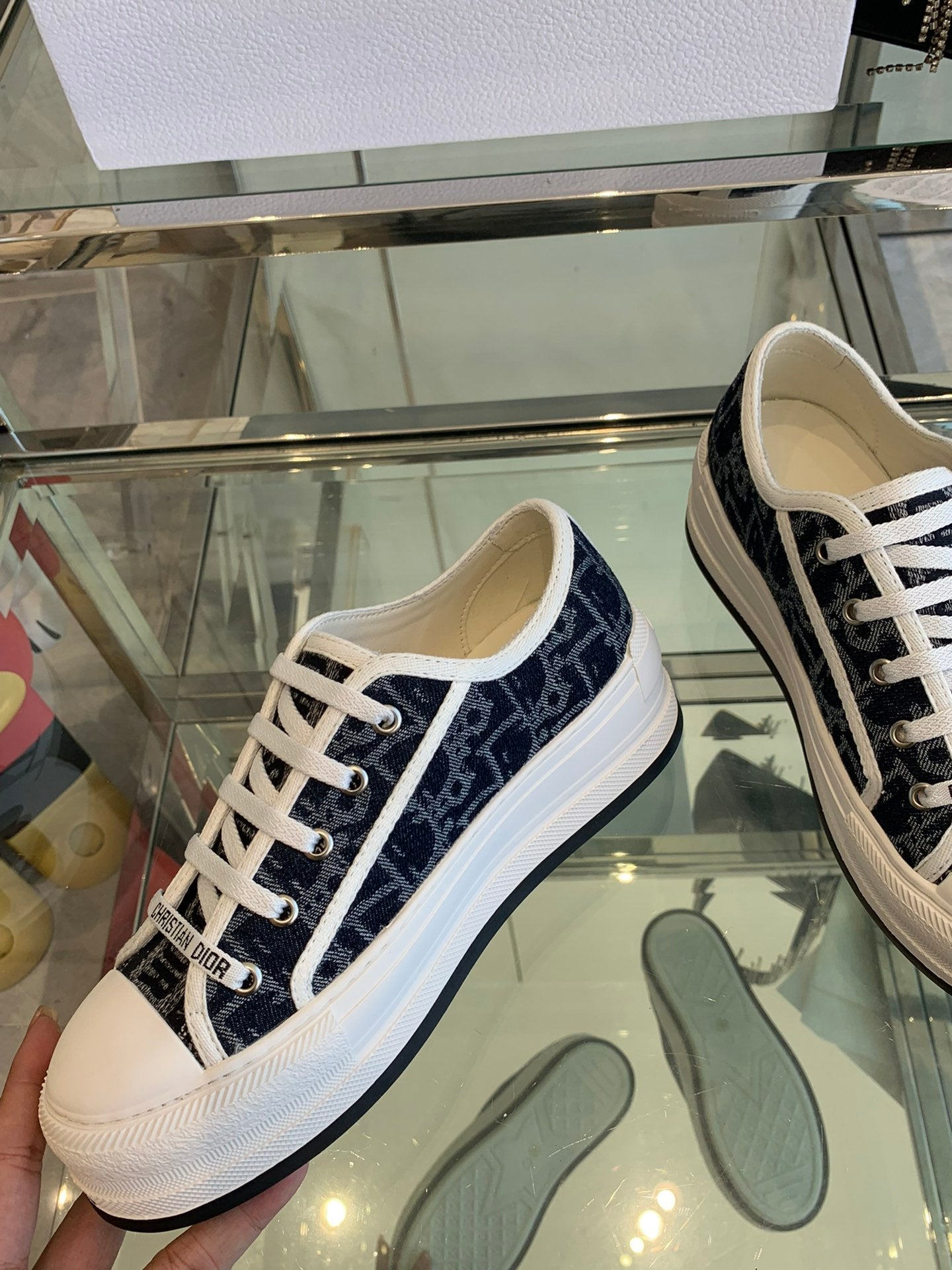 DIOR WALK'N PLATFORM SNEAKER IN IN NAVY BLUE EMBROIDERY ICONIC PATTERNS FABRIC