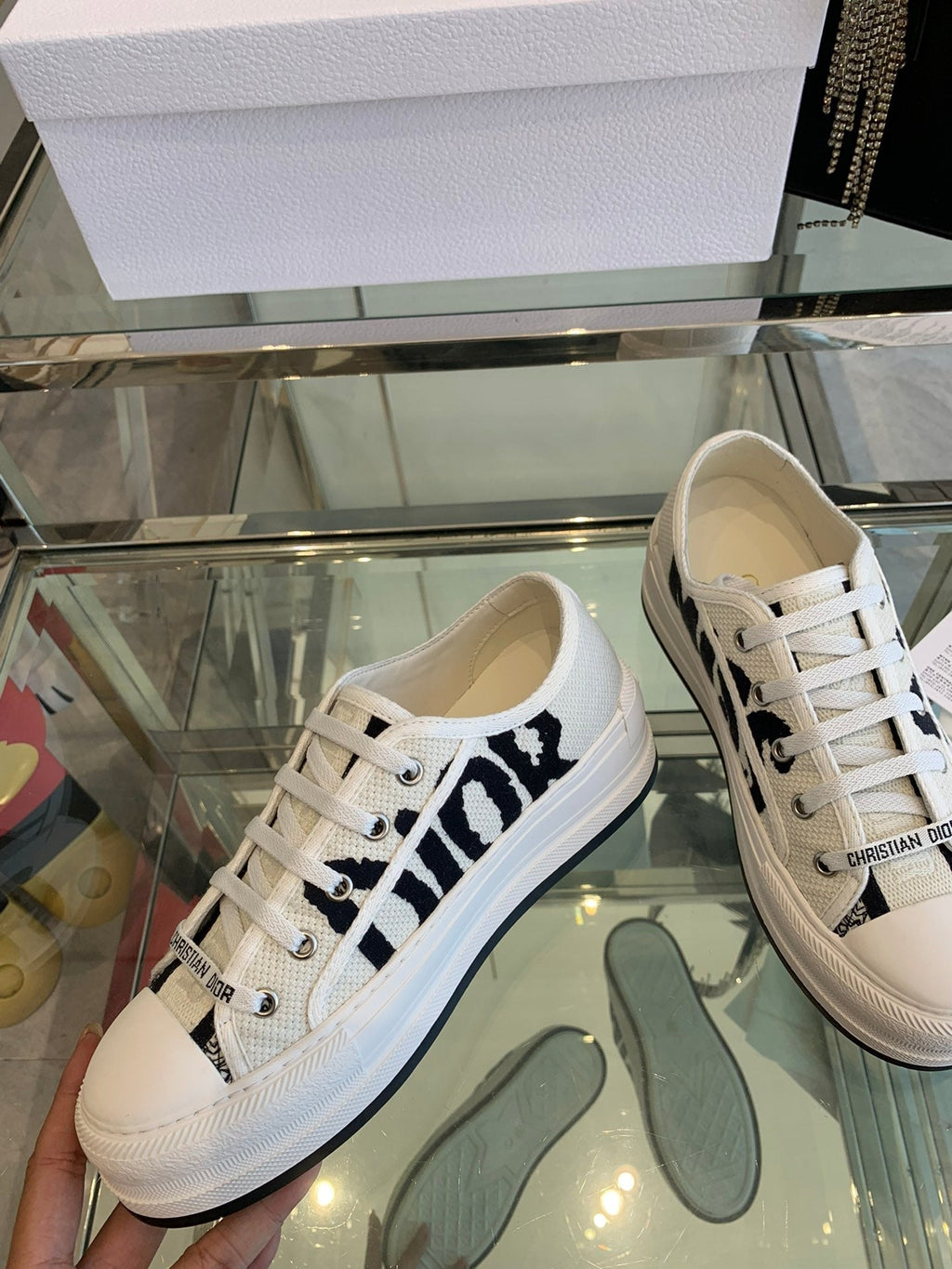 DIOR WALK'N PLATFORM SNEAKER IN WHITE AND BLACK EMBROIDERED COTTON