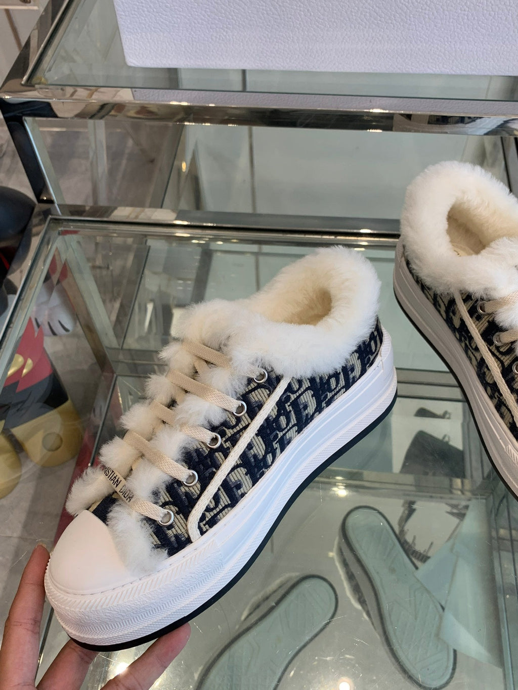 DIOR ALK'N PLATFORM SNEAKER CAMEL BROWN COTTON EMBROIDERED WITH OBLIQUE MOTIF AND WHITE SHEARLING