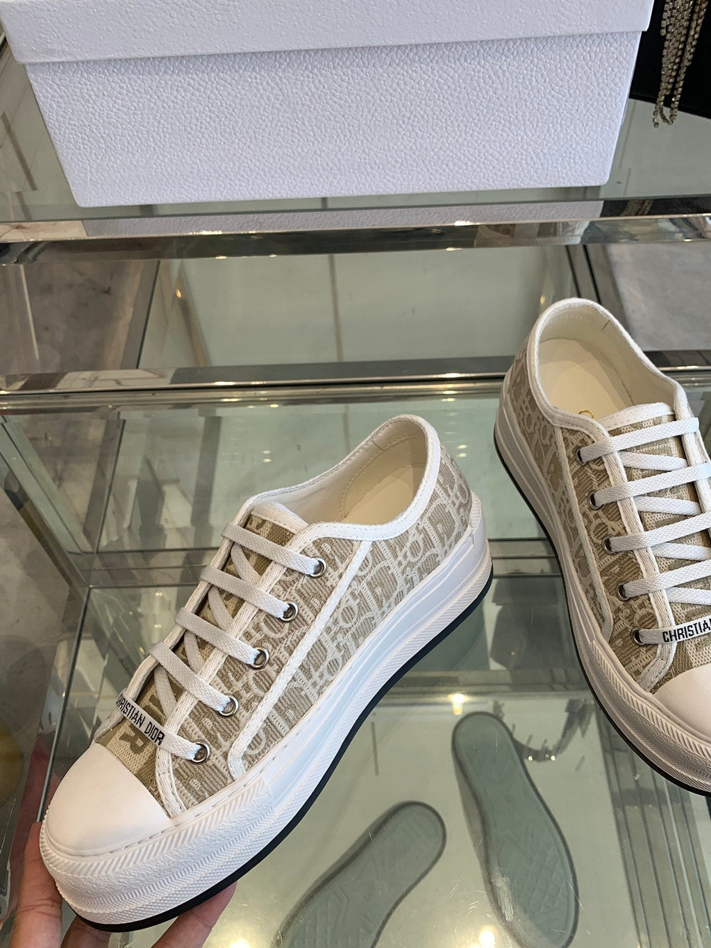 DIOR WALK'N PLATFORM SNEAKER CAMEL BEIGE OBLIQUE EMBROIDERED COTTON