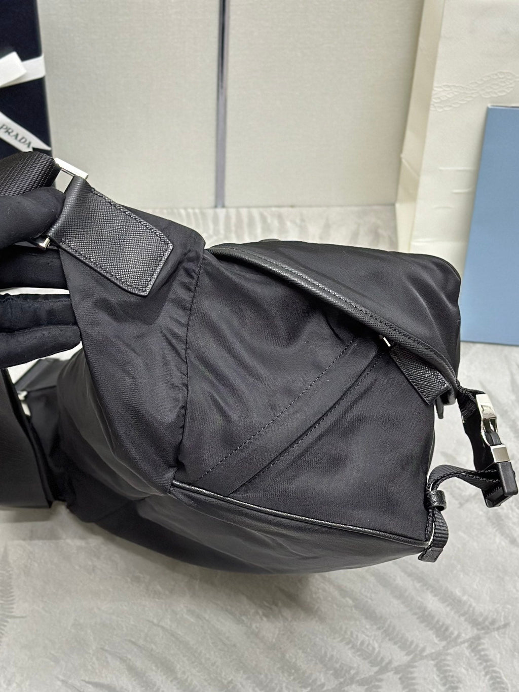 PRADA SHOULDER BAG 32 IN BLACK RE-NYLON TRIANGLE LOGO