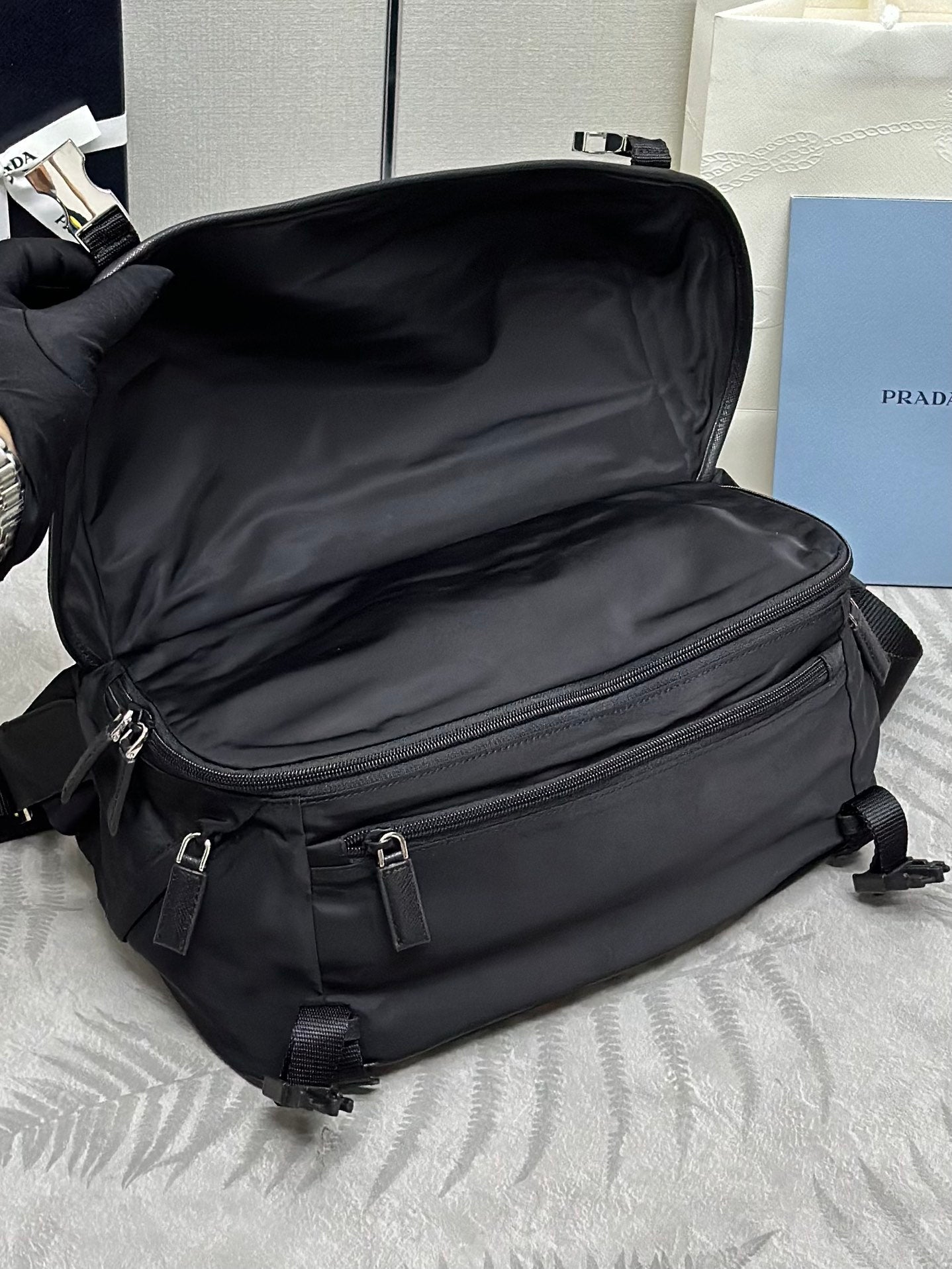 PRADA SHOULDER BAG 32 IN BLACK RE-NYLON TRIANGLE LOGO